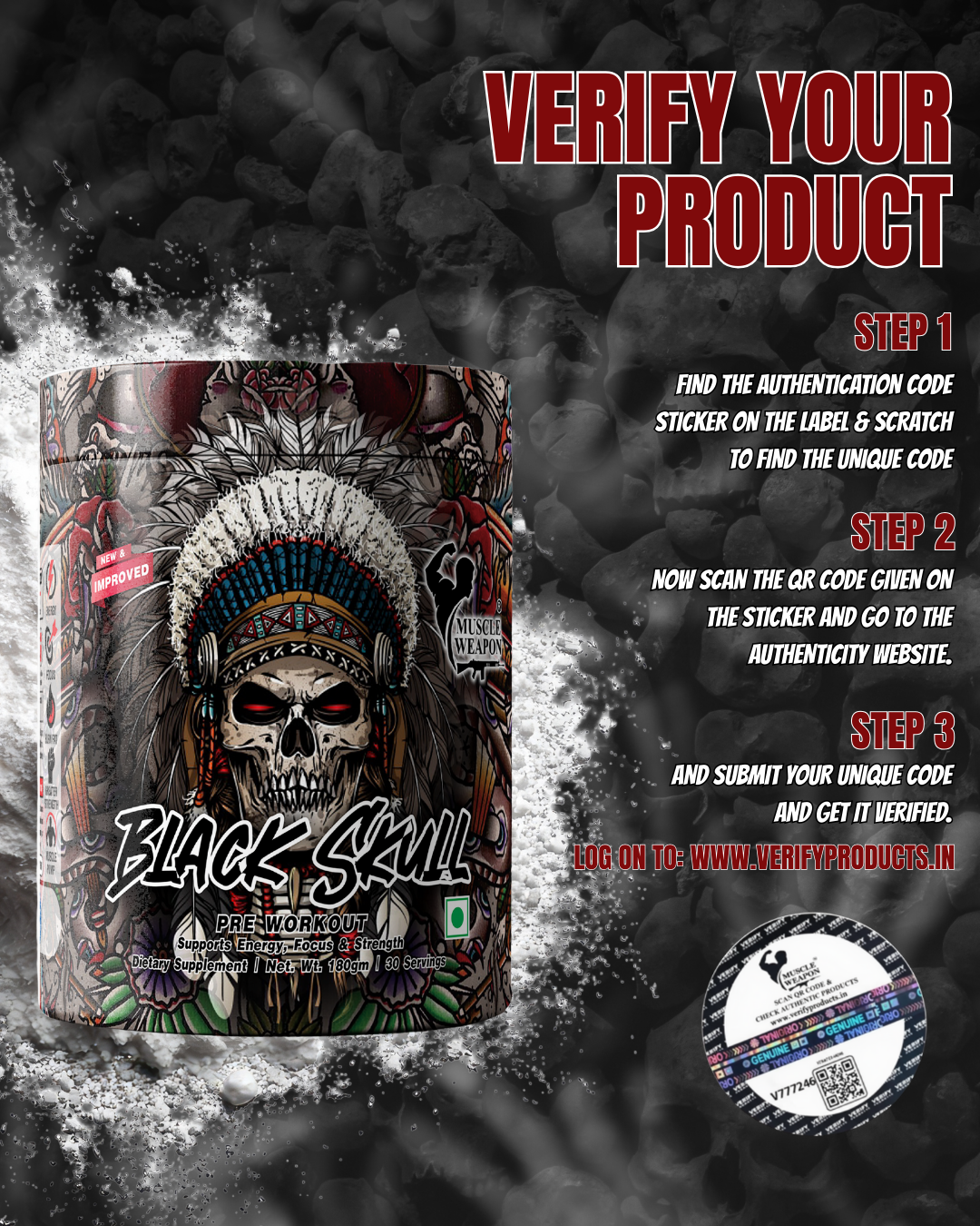 Muscle Weapon Black Skull Pre Workout (180g) | 180mg Caffeine | Strength, Focus & Intense Pump | 30 Servings