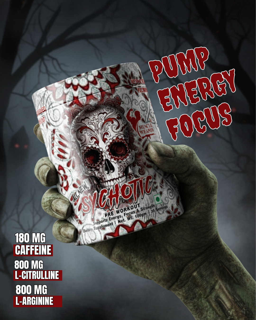 Muscle Weapon Sychotic Pre Workout (180g, 30 Servings) | High Energy, Focus & Pump Formula