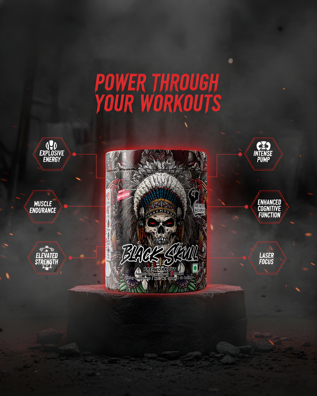 Muscle Weapon Black Skull Pre Workout (180g) | 180mg Caffeine | Strength, Focus & Intense Pump | 30 Servings