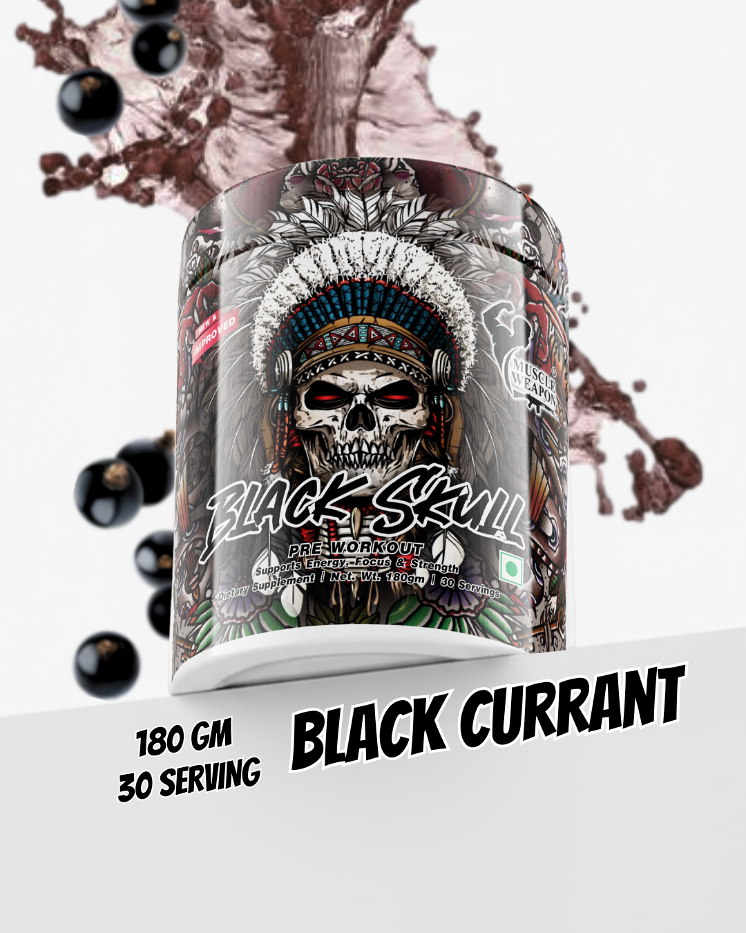 Muscle Weapon Black Skull Pre Workout (180g) | 180mg Caffeine | Strength, Focus & Intense Pump | 30 Servings