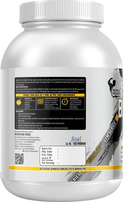Muscle Weapon Bulk Up 5 Mass Gainer 2.5kg | 30g Protein, 60g Carbs, 375 Calories per Serving